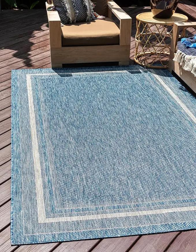 Unique Loom Outdoor Border Collection Area Rug - Soft Border (8' x 11' 4" Rectangle, Blue/ Ivory) by GreenHaven Gardens