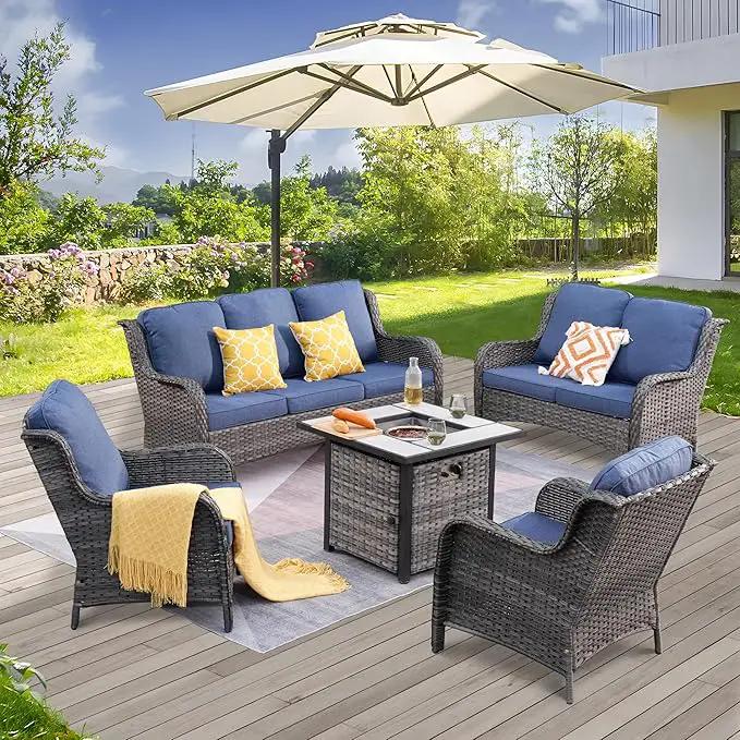 ovios 5 Pieces Patio Furniture Set with 30" Fire Pit Table, Outdoor Wicker Sofa with Loveseat, Comfy Cushions, High Back Couch Conversation Set, Grey Rattan, Denim Blue by GreenHaven Gardens