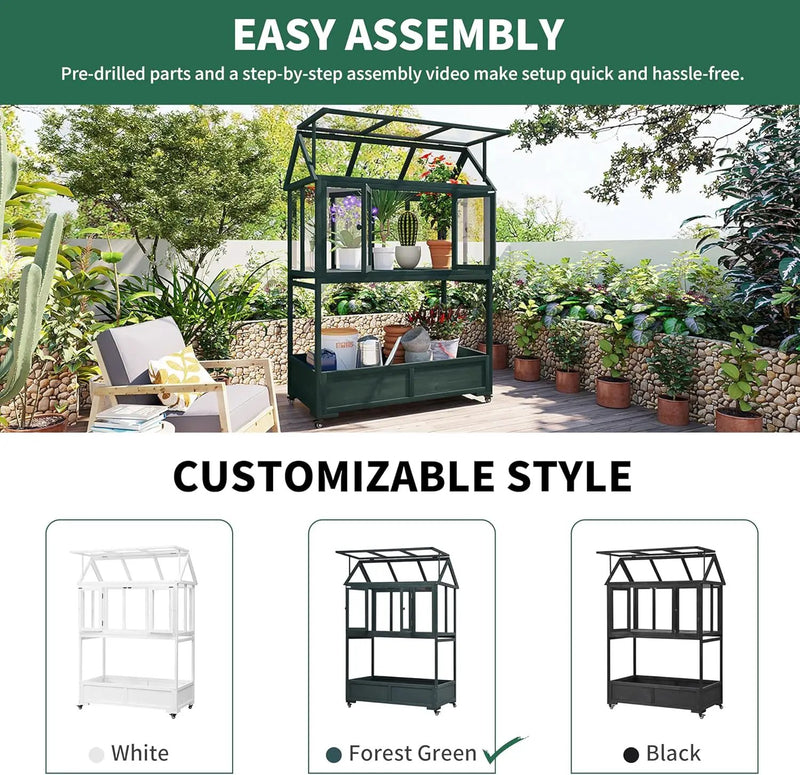 62" Wooden Greenhouse with Wheels - Adjustable Shelves Portable Cold Frame for Balcony/Patio, UV-Resistant Indoor Outdoor Plant Growing Cabinet (Large, Heavy-Duty) (Green) by GreenHaven Gardens
