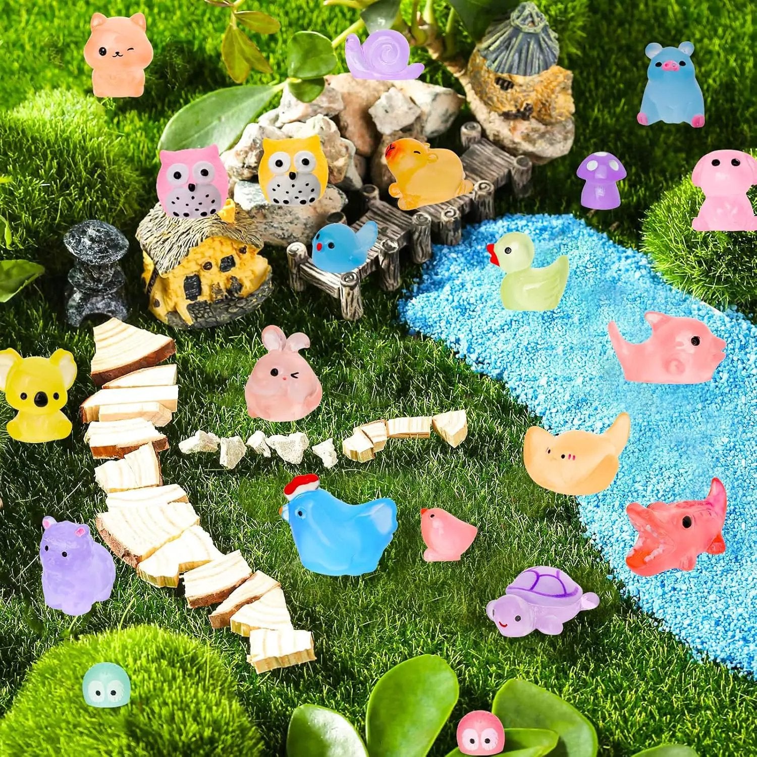 200pcs Luminous Mini Resin Animals 30 Types Miniature Resin Animal Figurines to Hide Bulk Glow in The Dark Tiny Ducks Frogs Small Cat Bunnies for Fairy Garden Micro Landscape Dollhouse Accessories by GreenHaven Gardens