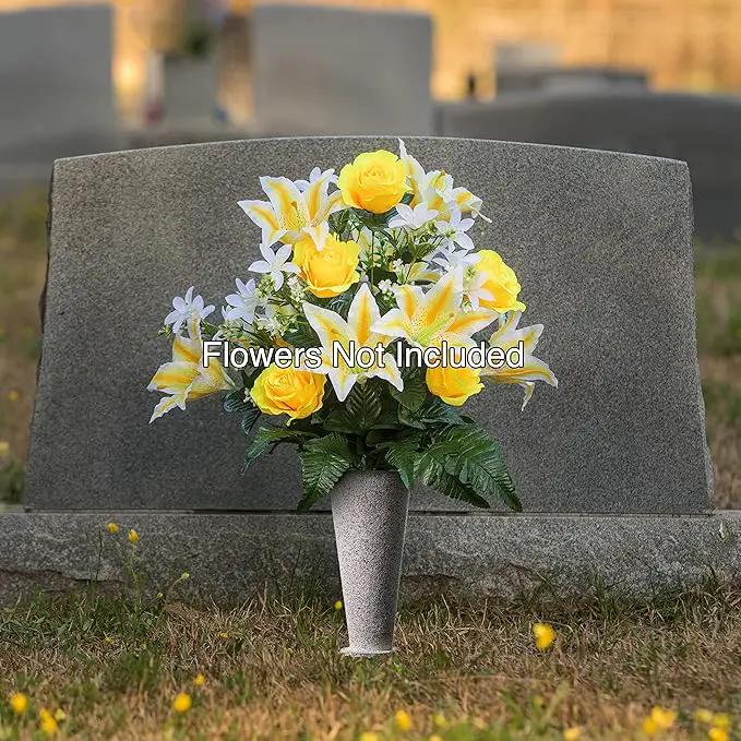 Cemetery Vase with Stakes - Plastic Flower Vases with 2 Ground Spikes, Draining Holes - for Garden, Lawn, Yard - Memorial Grave Decorations 12.7x3.4x3.9, Grey Granite Design by GreenHaven Gardens