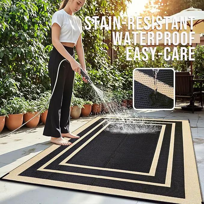 OLANLY Outdoor Rug 8x10 ft Waterproof, Reversible Outdoor Plastic Straw Rug, RV Mat, Indoor Outdoor Carpet Clearance for Patio, Camping, Balcony, Deck, Backyard, Black & Beige by GreenHaven Gardens
