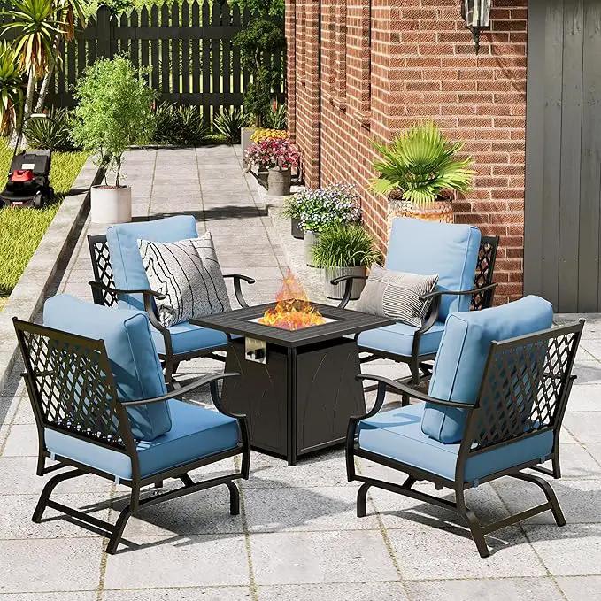 Patio Furniture Set with Fire Pit Table, 5 Pcs Metal Outdoor Conversation Set, 4 Rocking Chairs with 5.75" Extra Thick Cushion and 28" Fire Pit Table for Backyard Deck, Blue by GreenHaven Gardens