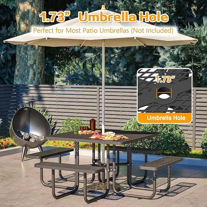79'' Steel Square Picnic Table for Outdoors, Expanded, Lifetime Picnic Table with Umbrella Hole, Heavy Duty Sturdy Commercial Picnic Tables for Garden Courtyard BBQ, Black by GreenHaven Gardens