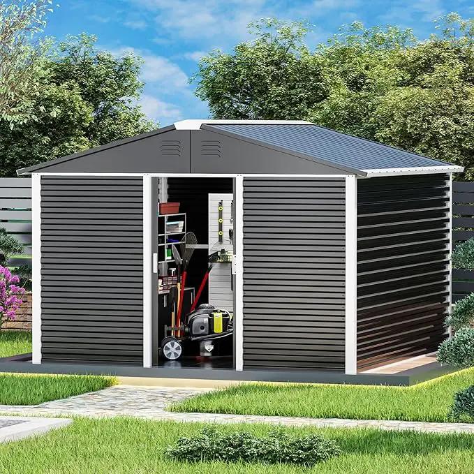 Metal Outdoor Storage Shed 10FT x 10FT, Steel Utility Tool Shed Storage House with Sliding Door, Metal Sheds Outdoor Storage for Backyard Garden Patio Lawn, Black by GreenHaven Gardens