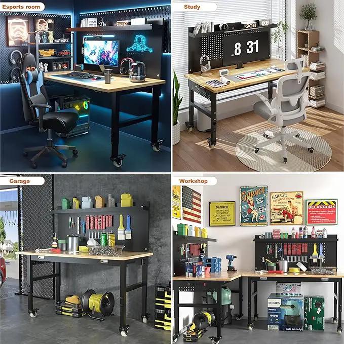 48" Heavy Duty Adjustable Workbench with Large Pegboard, Adjustable Work Table with Power Outlets & Lockable Wheels, Rubber Wood Workstation for Garage, Workshop, Office, Home, Commercial by GreenHaven Gardens