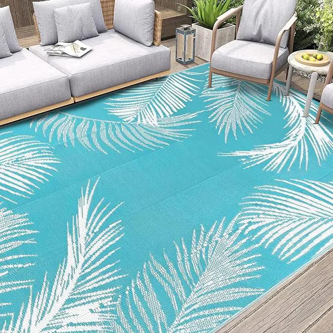 Pauwer Waterproof Outdoor Rug 6x9, Reversible Plastic Straw Patio Camping Rug, Indoor Outdoor RV Mat Carpet for Deck, Camper, Porch, Balcony, Backyard, Picnic, Leaf Teal by GreenHaven Gardens