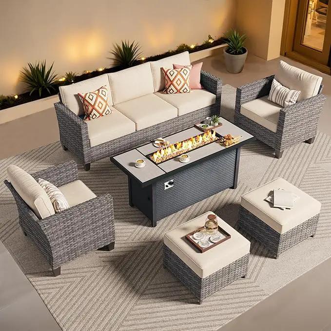 ovios 6 Pieces Patio Furniture Set with 54" Fire Pit Table, Outdoor Wicker Sofa with Comfy Cushions, All Weather High Back Rattan Couch Conversation Set, Beige by GreenHaven Gardens