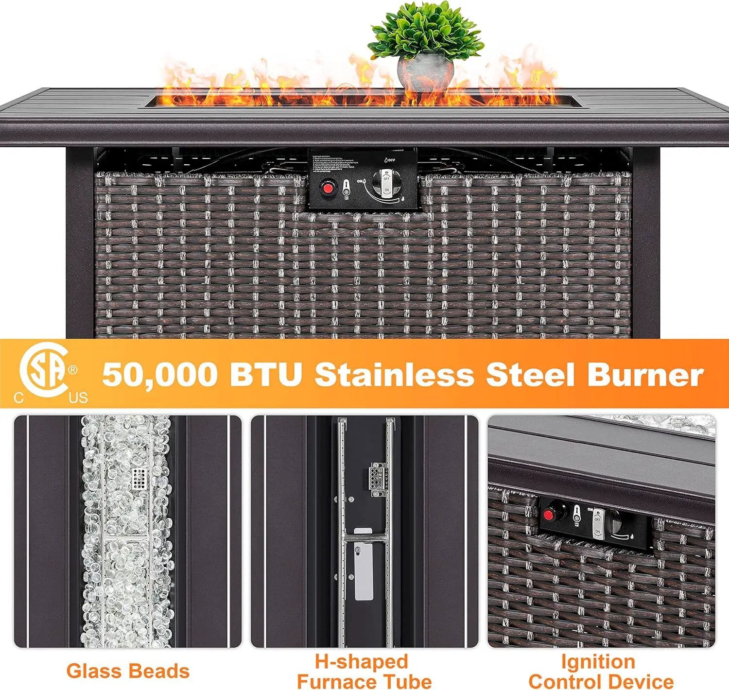 Nuu Garden Outdoor 43 Inch 50,000 BTU Propane Gas Fire Pit Table, Aluminum Tabletop and PE Rattan Weaved Steel Frame, Water-Proof Oxford Cover, Glass Beads, Lid, Dark Brown by GreenHaven Gardens
