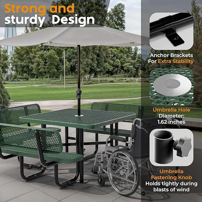 Metal Picnic Tables for Outdoors with Umbrella Hole - Coated Steel Heavy Duty Commercial Grade Table with Adjustable Seats (Green, 46 in, Square with Back, Expanded Steel) by GreenHaven Gardens