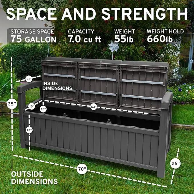 EconoHome 3 Seat Outdoor Storage Bench with Rain Cover - 90 Gallon Capacity - Weatherproof Resin Bench for Patio, Porch, Garden, Yard, Pool Area - Furniture for Pool Accessories, Gardening Tools by GreenHaven Gardens