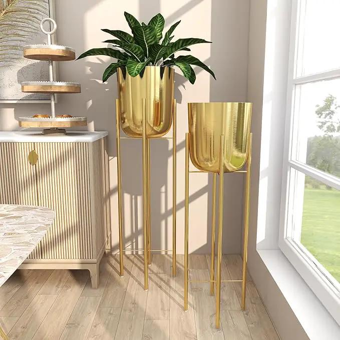 CosmoLiving by Cosmopolitan Metal Indoor Outdoor Planter Tall Indoor Outdoor Dome Large Planter Pot with Removable Stand, Set of 2 Planters 39", 46"H, Gold by GreenHaven Gardens