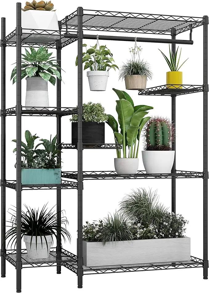 Xiofio Plant Stands for for Indoor Outdoor, Heavy Duty Metal Plant Stand,large Plant Shelf,Adjustable Plant Shelves With Hanging Rod for Living Room,Balcony,Garden,Black by GreenHaven Gardens