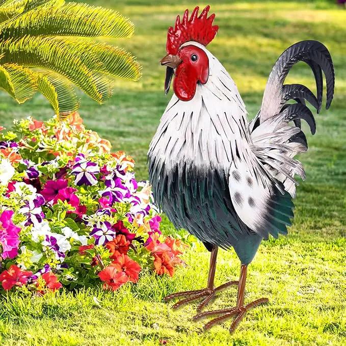 Rooster Garden Statue Sculpture Metal Chicken Yard Decor Outdoor Figurines Patio Backyard Decoration by GreenHaven Gardens