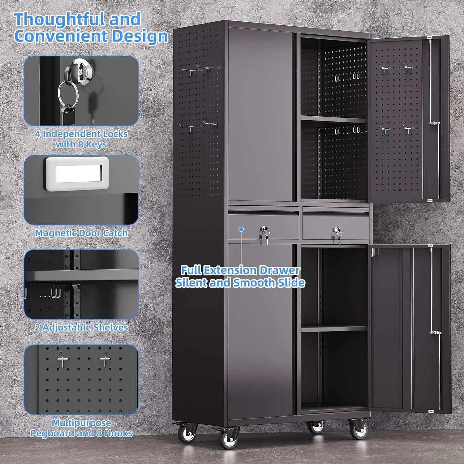 71''H Metal Garage Storage Cabinet with Wheels & 4 Pegboard,Rolling Tool Cabinet with Adjustable Shelves & 2 Lockable Drawer for Garage,Office,Home, Assembly Required,Black by GreenHaven Gardens