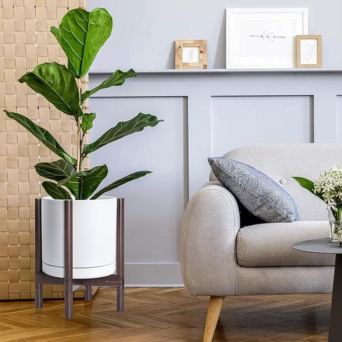 D'vine Dev Ceramic Planter with Walnut Color Stand - 12 Inch Modern Round Flower Pot with Wood Planter Holder, White, 55-B-W-1 by GreenHaven Gardens