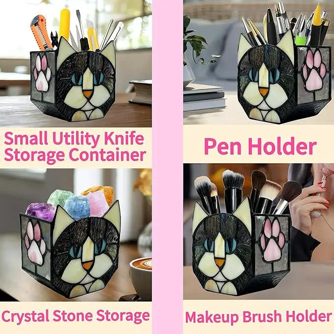 Stained Glass Black Cat Flower Pot,Succulent Pots with Drainage,Unique Black Cat Planter,Flower Pots for Indoor Plants,Glass Container Display Decoration,Cute Plant Gifts by GreenHaven Gardens