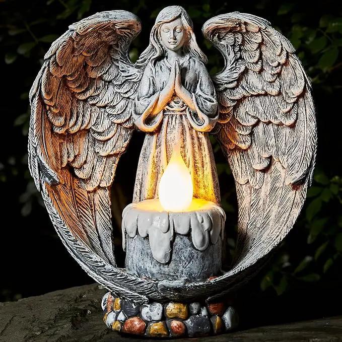 Angel Garden Statues Outdoor Cemetery Decorations for Grave Take The Cross Praying Wings Angel Figurine Cemetery Lights Patio Lawn Yard Porch Decorations 10.24 Inch by GreenHaven Gardens