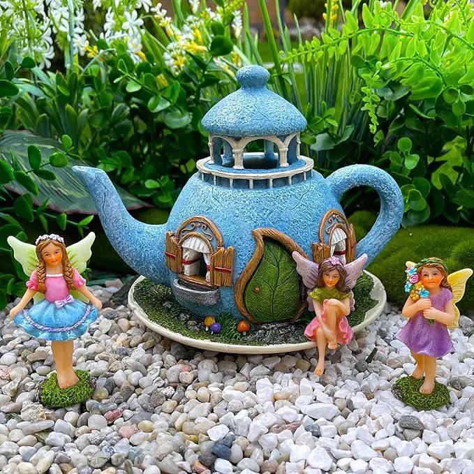 Mood Lab Fairy Garden Miniature Teapot House Kit - Figurines and Accessories Set of 4 pcs - 7.1 Inch Tall House by GreenHaven Gardens