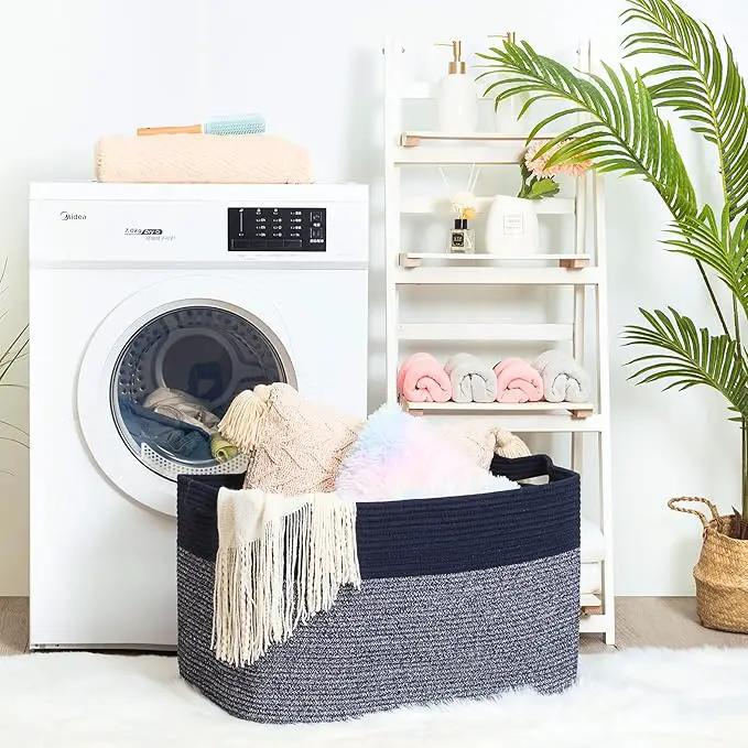 MINTWOOD Design 22in Extra Large Blanket Basket Holder for Living Room, Rectangle Rope Woven Storage Bin with Handles for Laundry, Pool Towels, and Shoes, Dog Toy Box Organizer, Navy Blue by GreenHaven Gardens