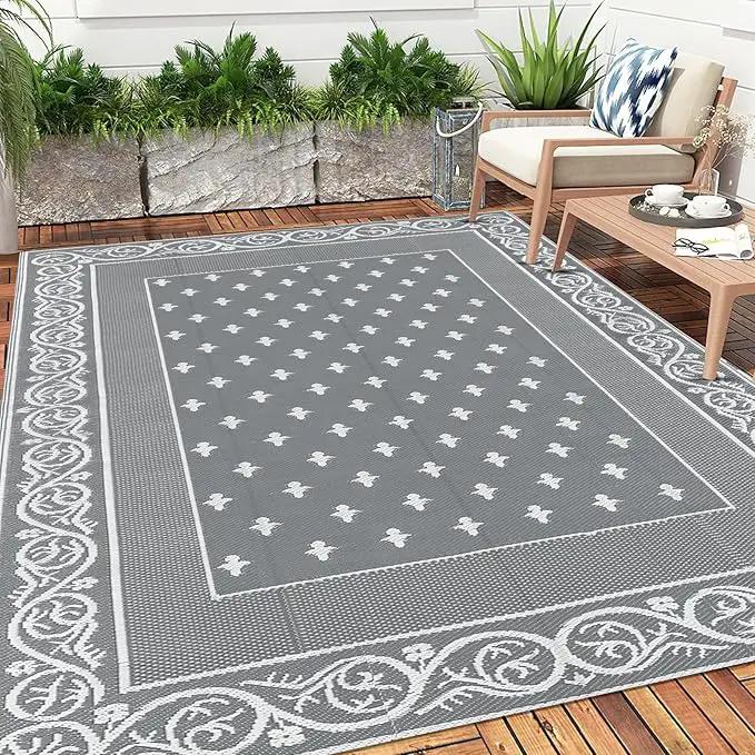 Pauwer Waterproof Outdoor Rug 8x10, Reversible Plastic Straw Patio Camping Rug, Indoor Outdoor RV Mat Carpet for Deck, Camper, Porch, Balcony, Backyard, Picnic, Bordered Grey by GreenHaven Gardens