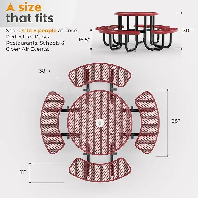 Metal Picnic Tables for Outdoors with Umbrella Hole - Coated Steel Heavy Duty Commercial Grade Table with Adjustable Seats (Red, 38 in, Round, Expanded Steel) by GreenHaven Gardens