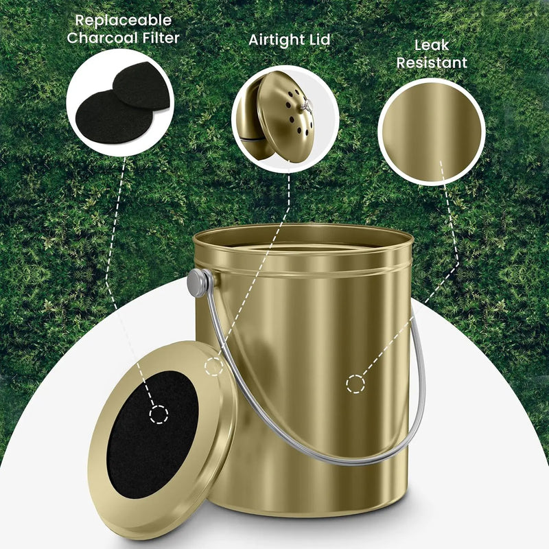 Utopia Kitchen Compost Bin for Kitchen Countertop - 1.3 Gallon Compost Bucket for Kitchen with Lid - Includes 1 Spare Charcoal Filter (Gold) by GreenHaven Gardens