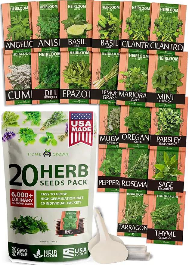 HOME GROWN 20 Herb Seeds for Planting 6,000+ Non-GMO Heirloom Seeds | Extra Large Variety Pack Herb Kit – Indoor Outdoor & Hydroponic | Culinary Seed Set | Grow Your Own Herbs | Gardening Gift by GreenHaven Gardens