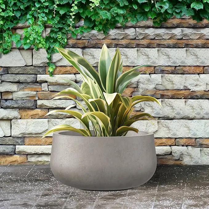 Kante 11.8" Dia Round Concrete Planter, Cement Plant Pots with Drainage Hole and Rubber Plug for Outdoor Indoor Garden Home, Modern Curvaceous Design, Weathered Concrete by GreenHaven Gardens