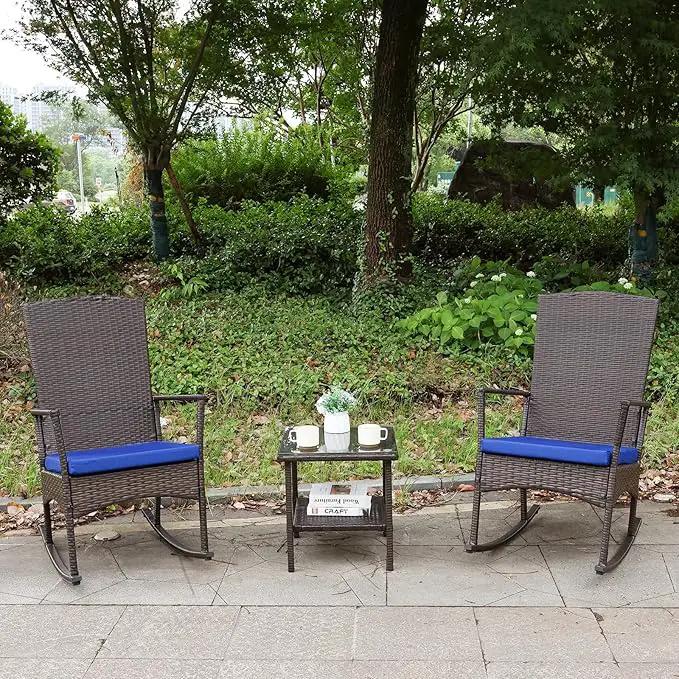 Rocking Chair Outdoor 3 Pieces High-Backed Patio Rocking Chairs Bistro Table and Chairs Set of 2, Royal Blue by GreenHaven Gardens