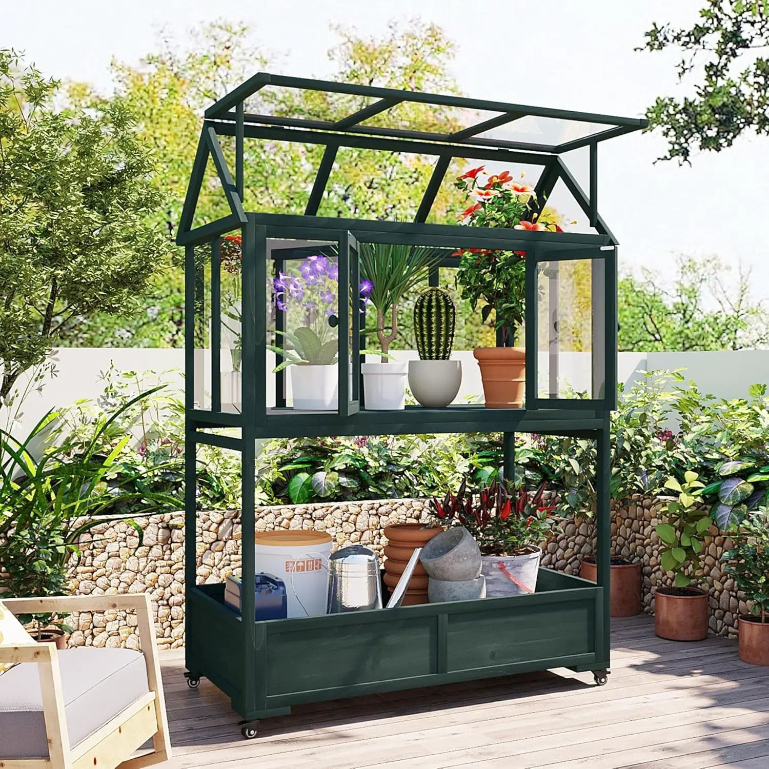 Garden Wood Portable Cold Frame - Mini Greenhouse with Wheels, Open Roof & Storage (Green + Beige + Beige) by GreenHaven Gardens