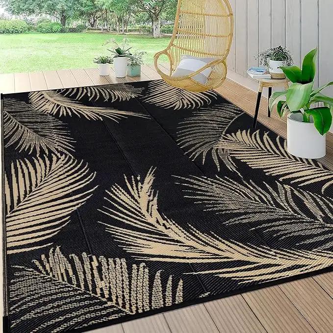 Pauwer Waterproof Outdoor Rug 8x10, Reversible Plastic Straw Patio Camping Rug, Indoor Outdoor RV Mat Carpet for Deck, Camper, Porch, Balcony, Backyard, Picnic, Leaf Black Brown by GreenHaven Gardens