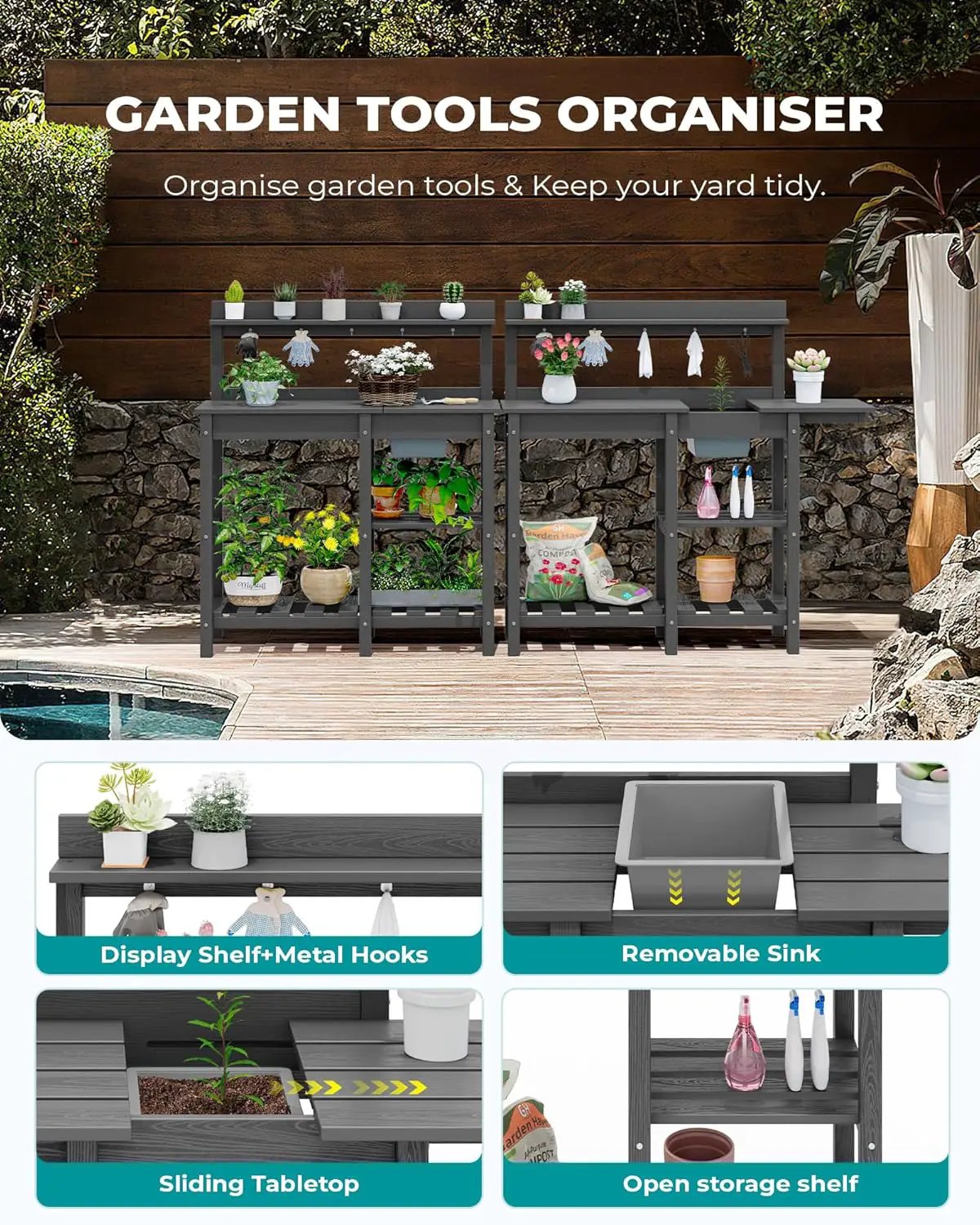 SERWALL Potting Bench Set of 2 Outdoor Potting Table with Sink, HDPE Potting Benches for Outside Gardening Table All Weather Use- Gray by GreenHaven Gardens