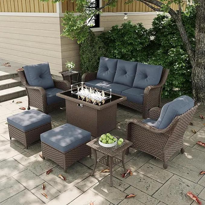 7 Pieces Outdoor Patio Furniture Sets with Single Chairs with 6-inch Thick Cushion and Fire Pit Table for Deck Lawn by GreenHaven Gardens