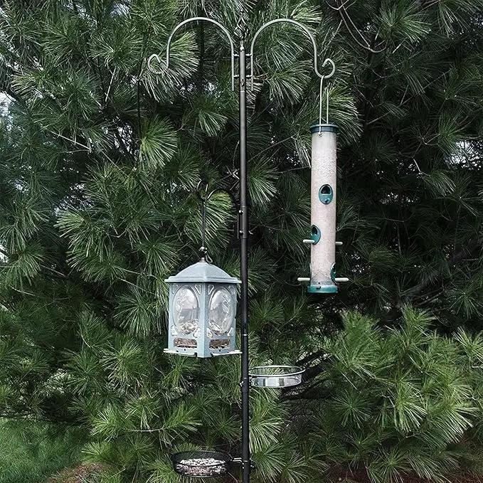Ashman Deluxe Bird Feeding Station (1 Pack) Bird Feeders for Outside - Multi Feeder Pole Stand Kit with 4 Hangers, Bird Bath and 3 Prong Base for Attracting Wild Birds - 22 Inch Wide x 92 Inch Tall. by GreenHaven Gardens