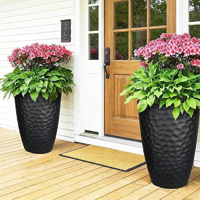 Worth Garden 24" H Tall Hammered Texture Planters Set of 2 - Matte Black Plastic Flower Pot with Drainage Holes, Modern Outdoor Indoor Lightweight Pots for Large Plants, Durable Decor Containers by GreenHaven Gardens