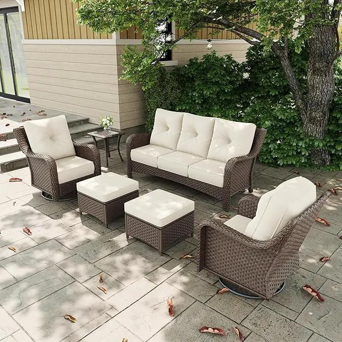 6 Pieces Outdoor Patio Furniture Sets with Rocking Swivel Chairs with 6-inch Thick Cushion and Side Table for Deck Lawn by GreenHaven Gardens