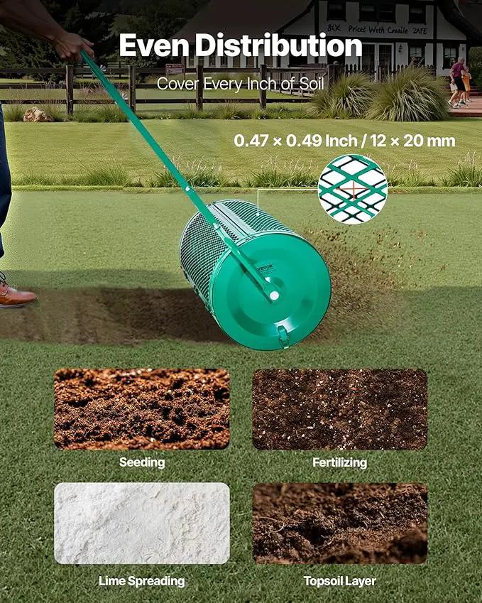 VEVOR Compost Spreader, 24 in Wide Peat Moss Spreader with Push/Tow Handle, 4 Heights Adjustable, Powder-Coated Steel Garden Peat Moss Roller, Heavy Duty Grass Seed Spreaders for Planting Seeding by GreenHaven Gardens