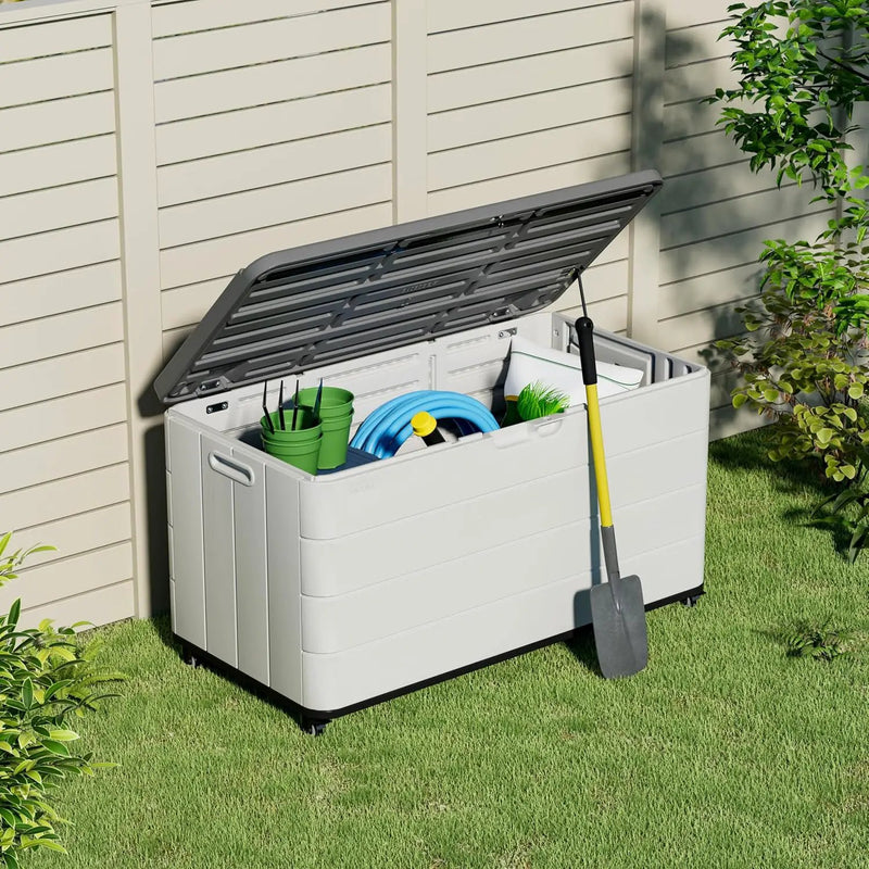 100GAL White Resin Deck Box with Wheels – Lockable, Waterproof, SGS-Tested UV Resistance, Spacious Outdoor Storage for Patio Cushions & Pool Gear, Easy Assembly by GreenHaven Gardens