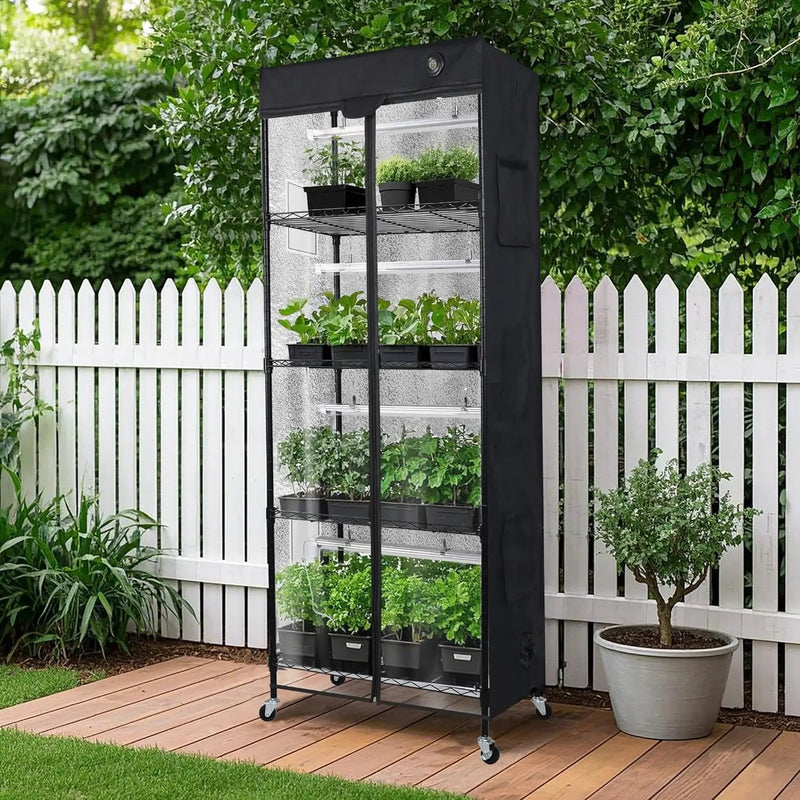 WORTH Mini Greenhouse with LED Grow Lights & Digital Thermo-Hygrometer – Portable Indoor Plant Grow Tent with Oxford Fabric Cover, Adjustable Shelves, Casters & Ventilation Flaps for Seed Starting by GreenHaven Gardens