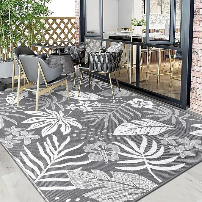 Pauwer Waterproof Outdoor Rug 8x10, Reversible Plastic Straw Patio Camping Rug, Indoor Outdoor RV Mat Carpet for Deck, Camper, Porch, Balcony, Backyard, Picnic, Floral Grey by GreenHaven Gardens