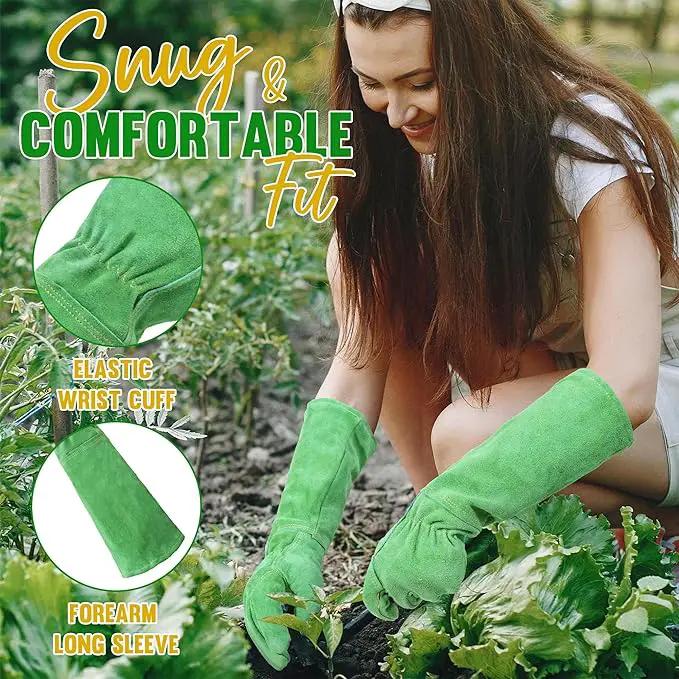 HANDLANDY Leather Gardening Gloves, Thorn Proof Long Gauntlet Heavy Duty Garden Gloves, Elbow Length Rose Pruning Weeding Yard Glove (X-Large, Green) by GreenHaven Gardens