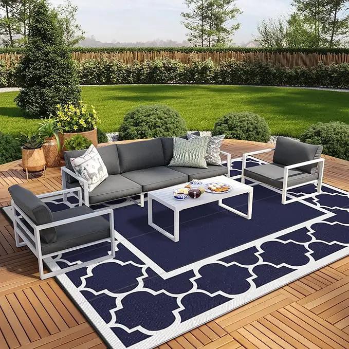 GENIMO 10' x 14' Outdoor Rug Waterproof for Patio, Foldable Reversible Plastic Straw Area Rugs Mat for Rv Decor, Outside Carpet for Camper, Deck, Picnic, Beach, Balcony, Porch, Blue & White by GreenHaven Gardens
