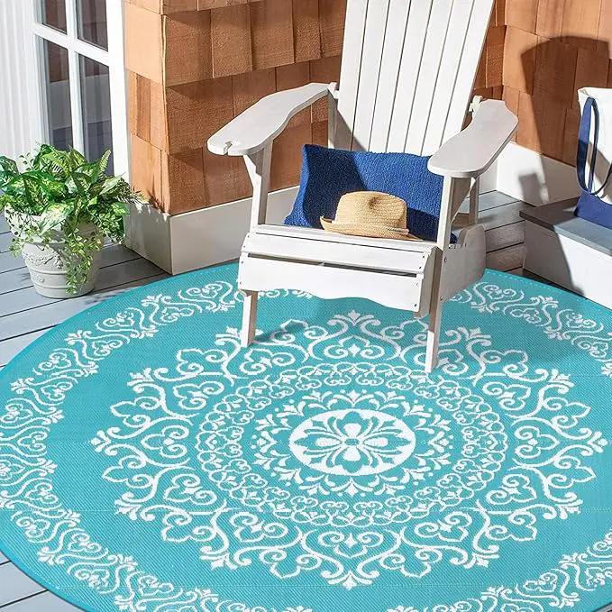 Pauwer Waterproof Outdoor Rug 8ft, Reversible Plastic Straw Patio Camping Rug, Indoor Outdoor RV Mat Carpet for Deck, Camper, Porch, Balcony, Backyard, Picnic, Floral Teal by GreenHaven Gardens