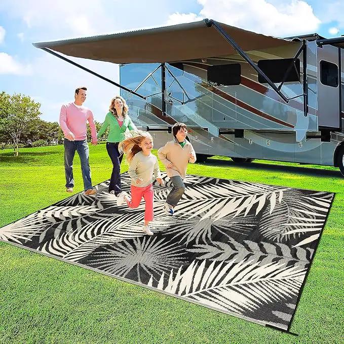Outdoor Rug Waterproof for Patios Clearance, Reversible Outdoor Plastic Straw Rug Camping Carpet, Outside Floor Mats Large Area Rugs for RV,Patio,Deck,Porch,Beach, Balcony，8'x10',Black&Beige by GreenHaven Gardens