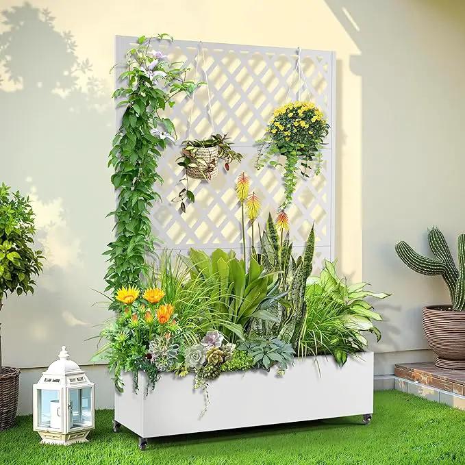 Metal Planter Trellis Box with Wheels & Drain Plug Outdoor Raised Garden Bed Patio Privacy Screen with Planter for Climbing Plants, Vegetables 73"x47"x16" White-Diamond by GreenHaven Gardens