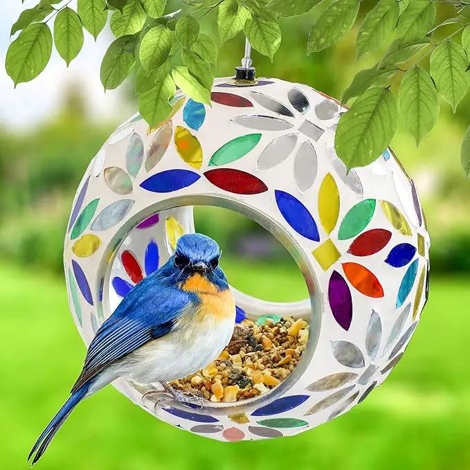 Sunnydaze 6-Inch Glass Mosaic Hanging Bird Feeder for Outdoors - Fly-Through Wild Bird Feeder - Rainbow Daisies by GreenHaven Gardens