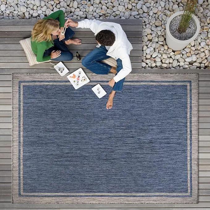 CAMILSON Outdoor Rug, 5x7 Bordered Navy Blue Gray Modern Area Rugs for Indoor and Outdoor Patios, Porches Waterproof Washable Porch Deck Outside Carpet (Bordered Navy, 5 x 7) by GreenHaven Gardens