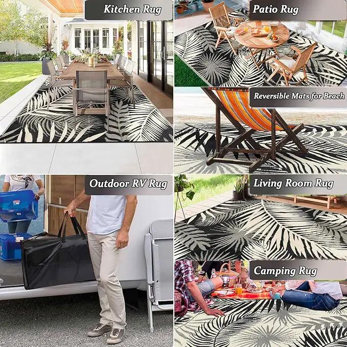 Outdoor Rug Waterproof for Patios Clearance, Reversible Outdoor Plastic Straw Rug Camping Carpet, Outside Floor Mats Large Area Rugs for RV,Patio,Deck,Porch,Beach, Balcony，8'x10',Black&Beige by GreenHaven Gardens