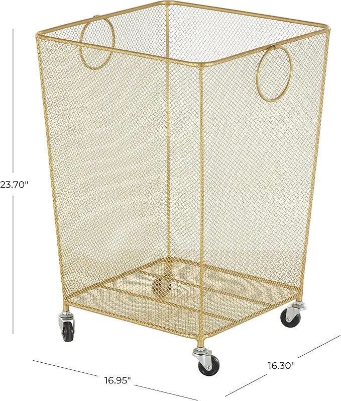 Deco 79 Metal Storage Cart Square Mesh Wire Rolling Laundry with Ring Handles, 17" x 16" x 24", Gold by GreenHaven Gardens